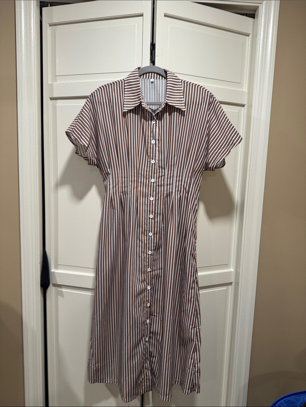 Source Unknown Brown and Cream Striped Midi Shirt Dress